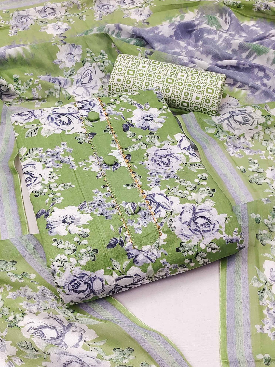 

Peachmode Printed Pure Cotton Unstitched Dress Material, Green