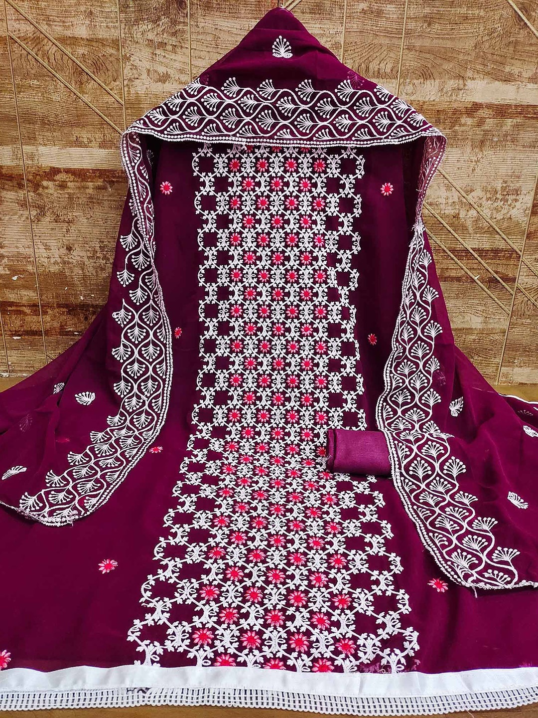 

Peachmode Floral Embroidered Thread Work Silk Georgette Unstitched Dress Material, Purple