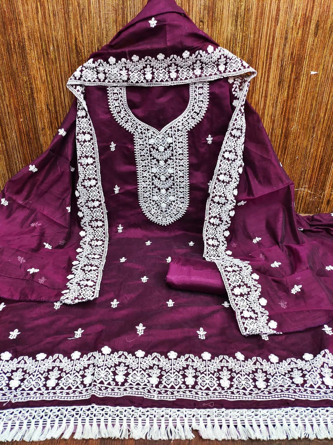 

Peachmode Floral Embroidered Thread Work Unstitched Dress Material, Purple