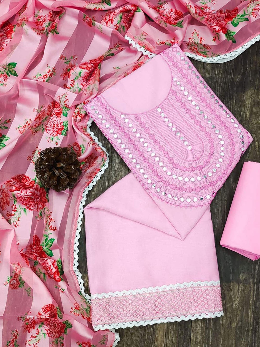 

Peachmode Embroidered Unstitched Dress Material, Pink