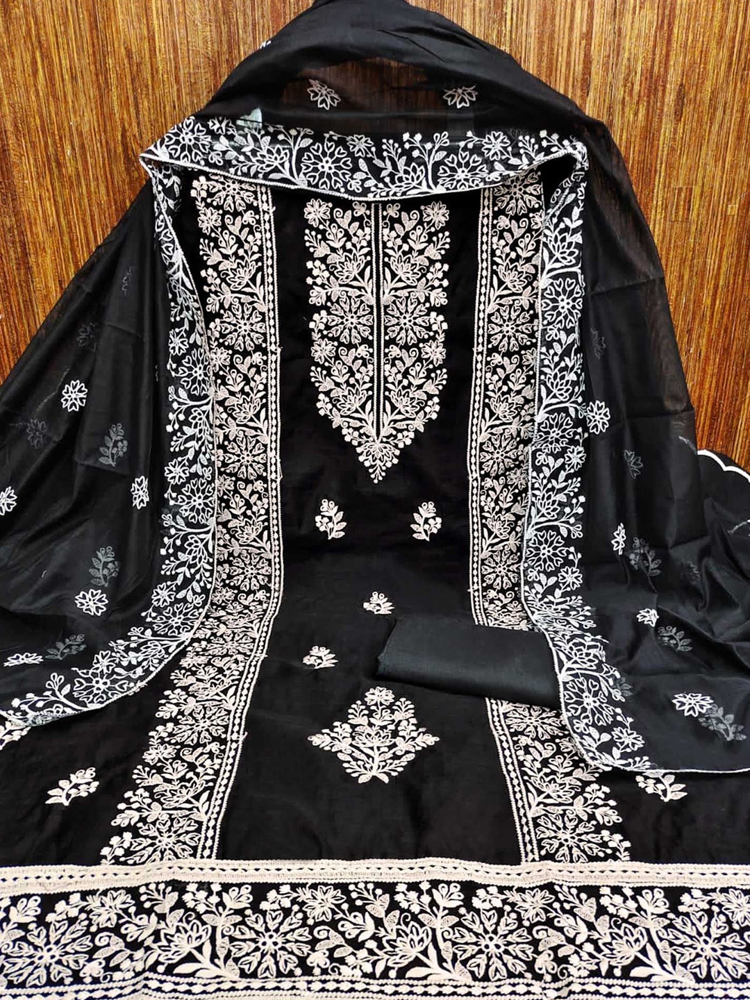 

Peachmode Embroidered Unstitched Dress Material, Black
