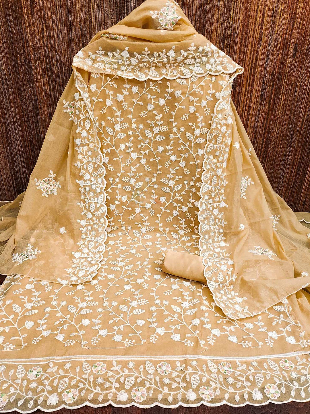 

Peachmode Embroidered Unstitched Dress Material, Beige
