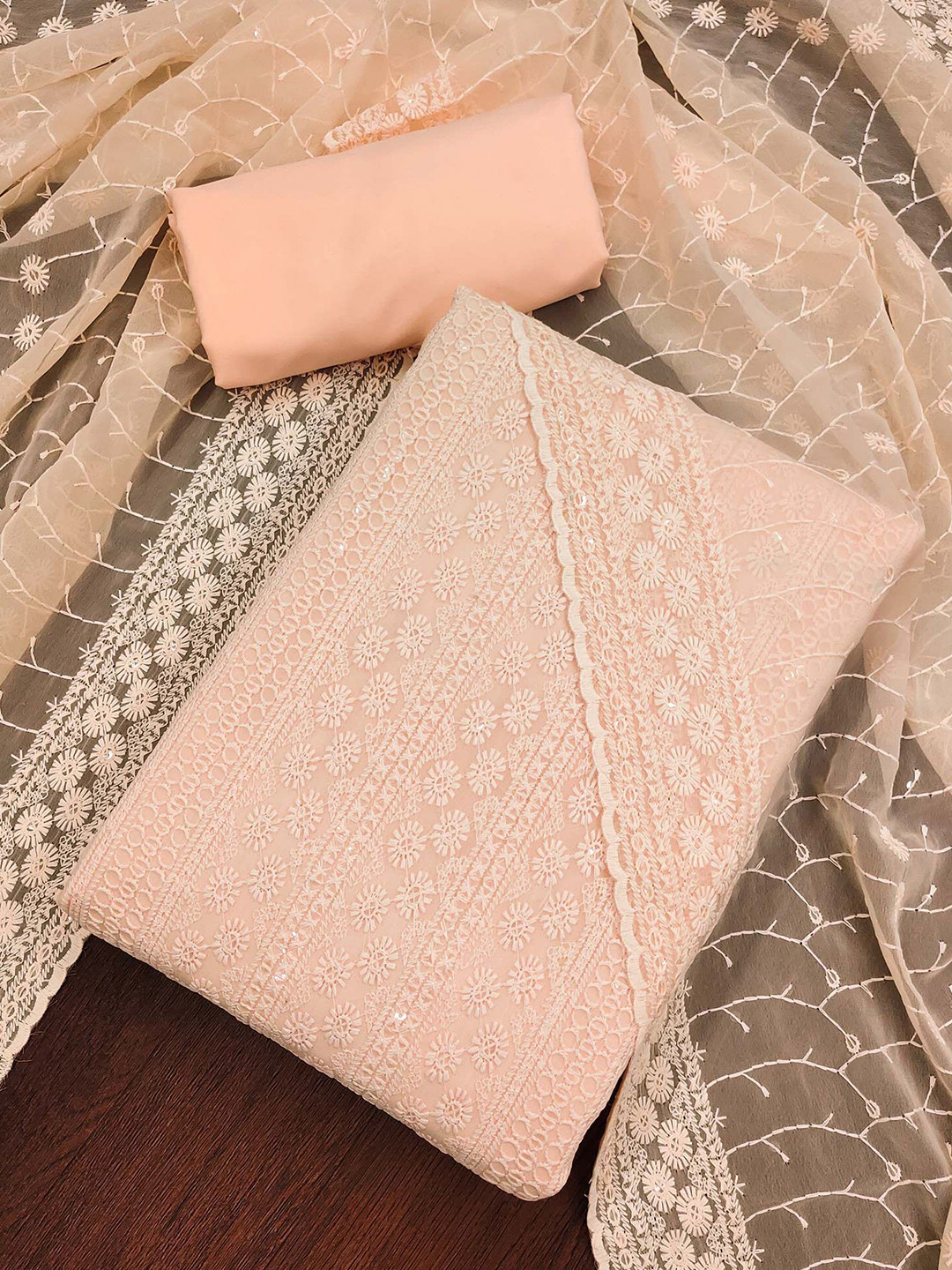 

Peachmode Floral Embroidered Sequinned Silk Georgette Unstitched Dress Material, Orange