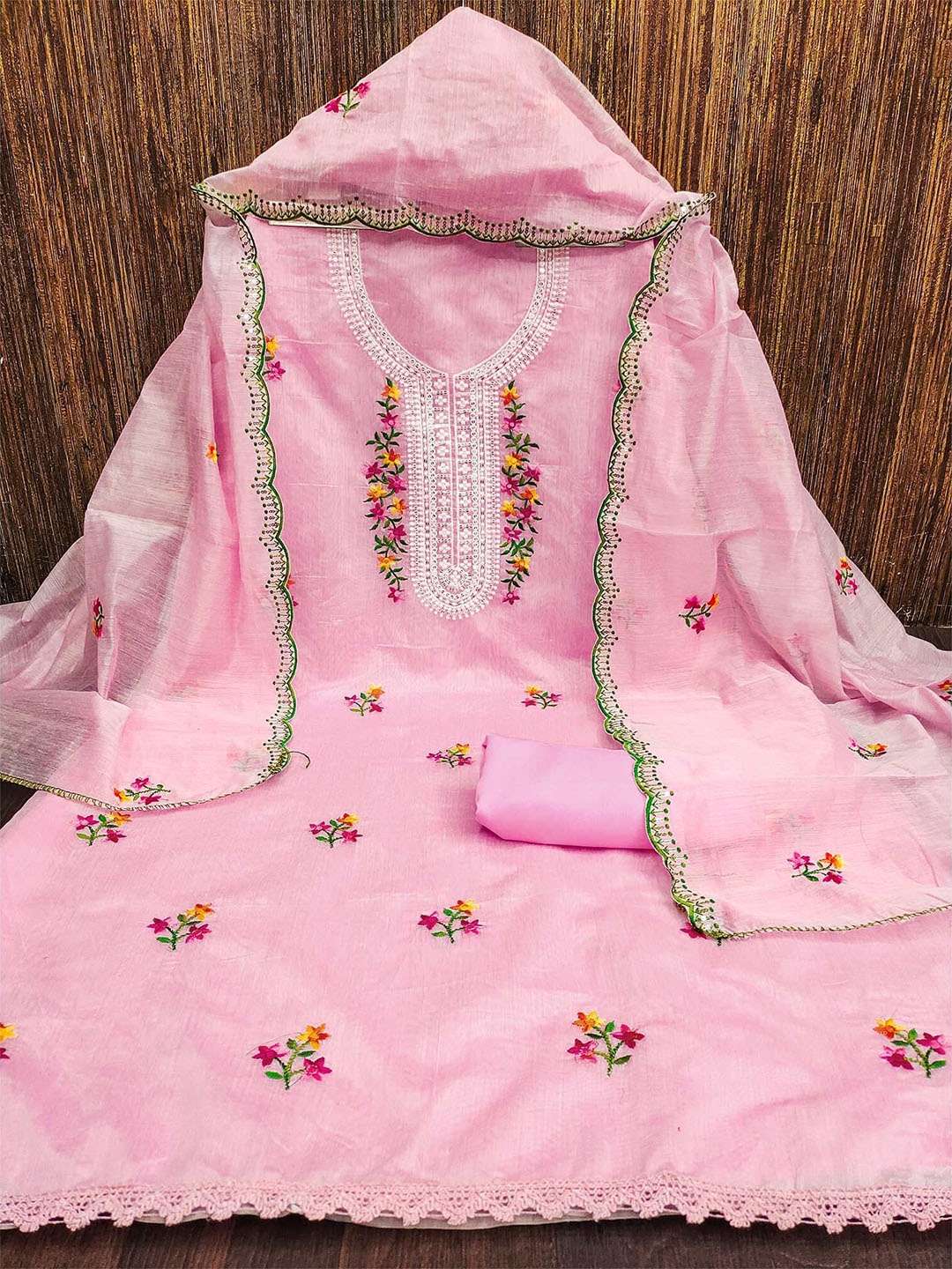 

Peachmode Floral Embroidered Unstitched Dress Material, Pink