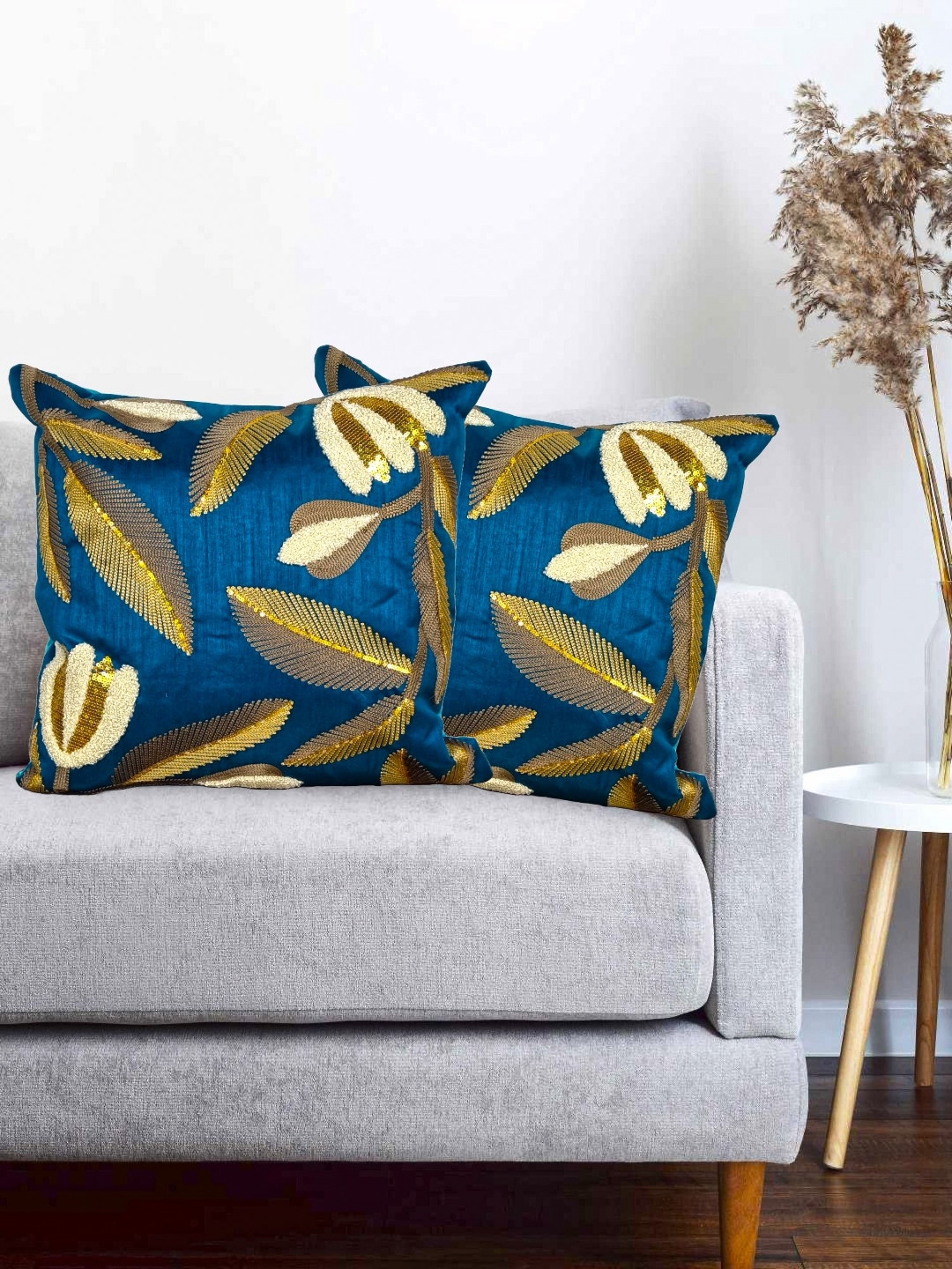 

Vinayaka Fab Teal blue & White 2 Pieces Geometric Square Cushion Covers