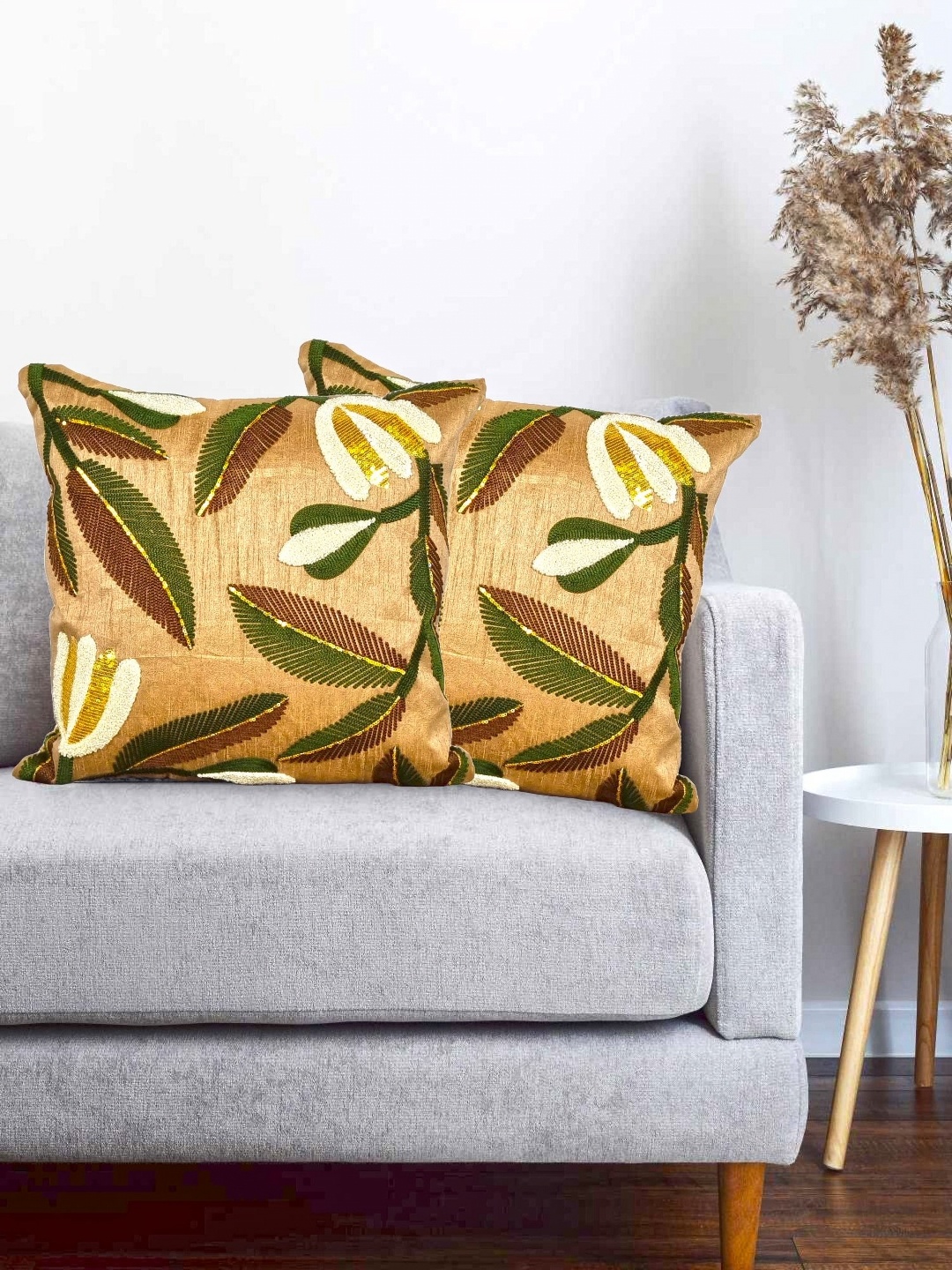 

Vinayaka Fab Brown & Green 2 Pieces Geometric Embroidered Square Cushion Covers