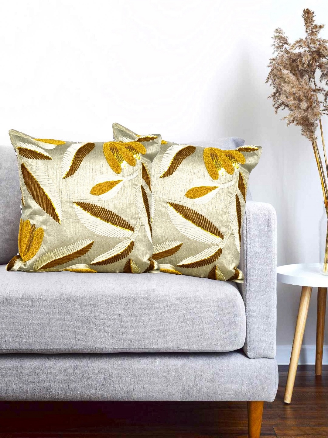

Vinayaka Fab Grey & Yellow 2 Pieces Geometric Embroidered Square Cushion Covers