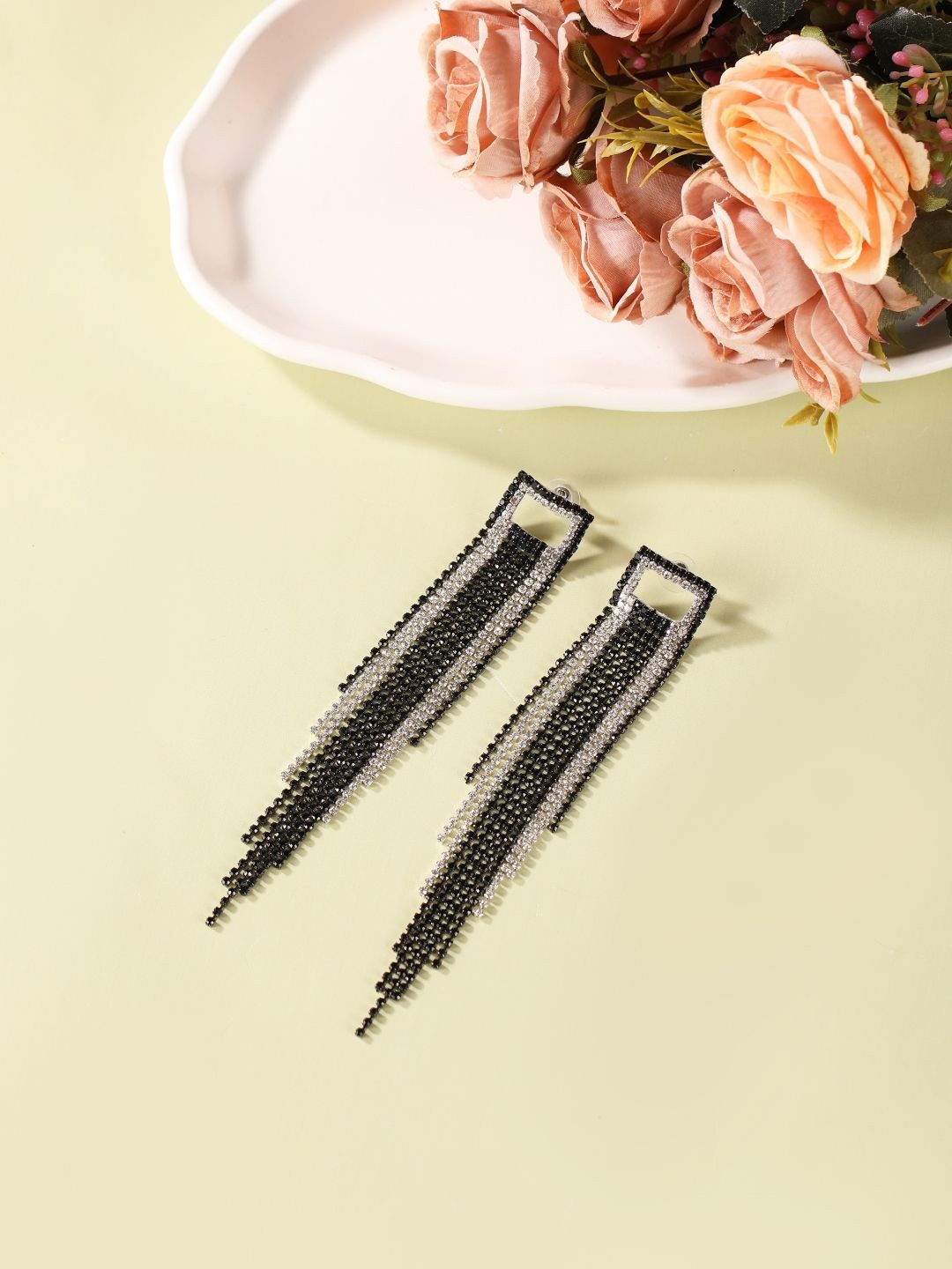 

DressBerry Black Silver-Plated Rhinestone Studded Contemporary Drop Earrings