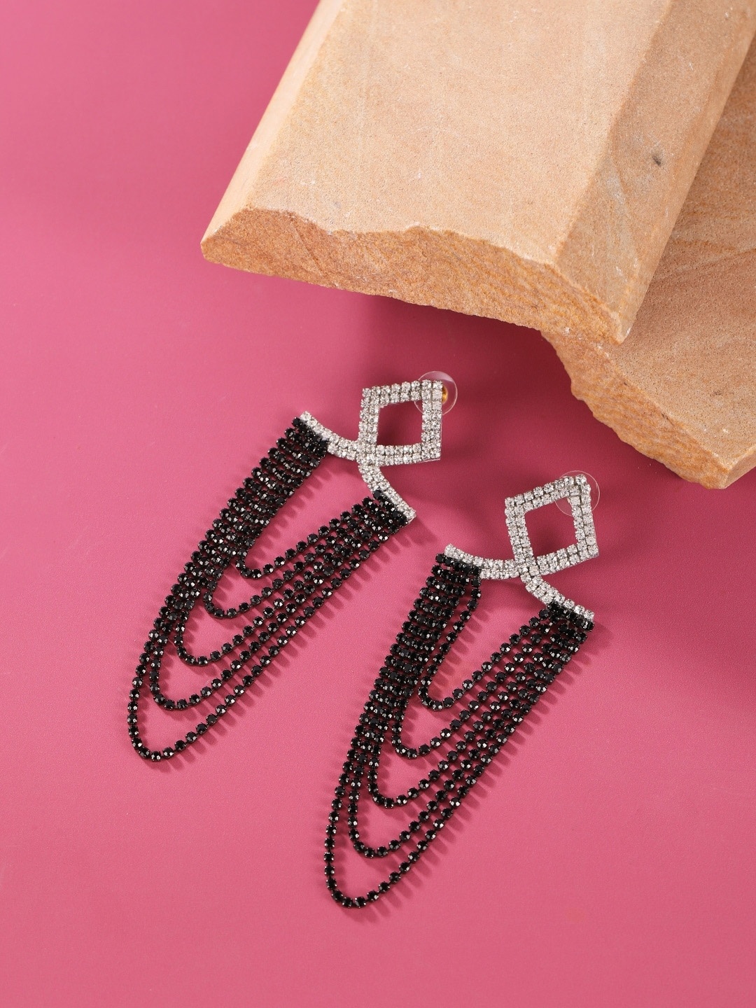 

DressBerry Silver-Plated Rhinestone Studded Contemporary Drop Earrings