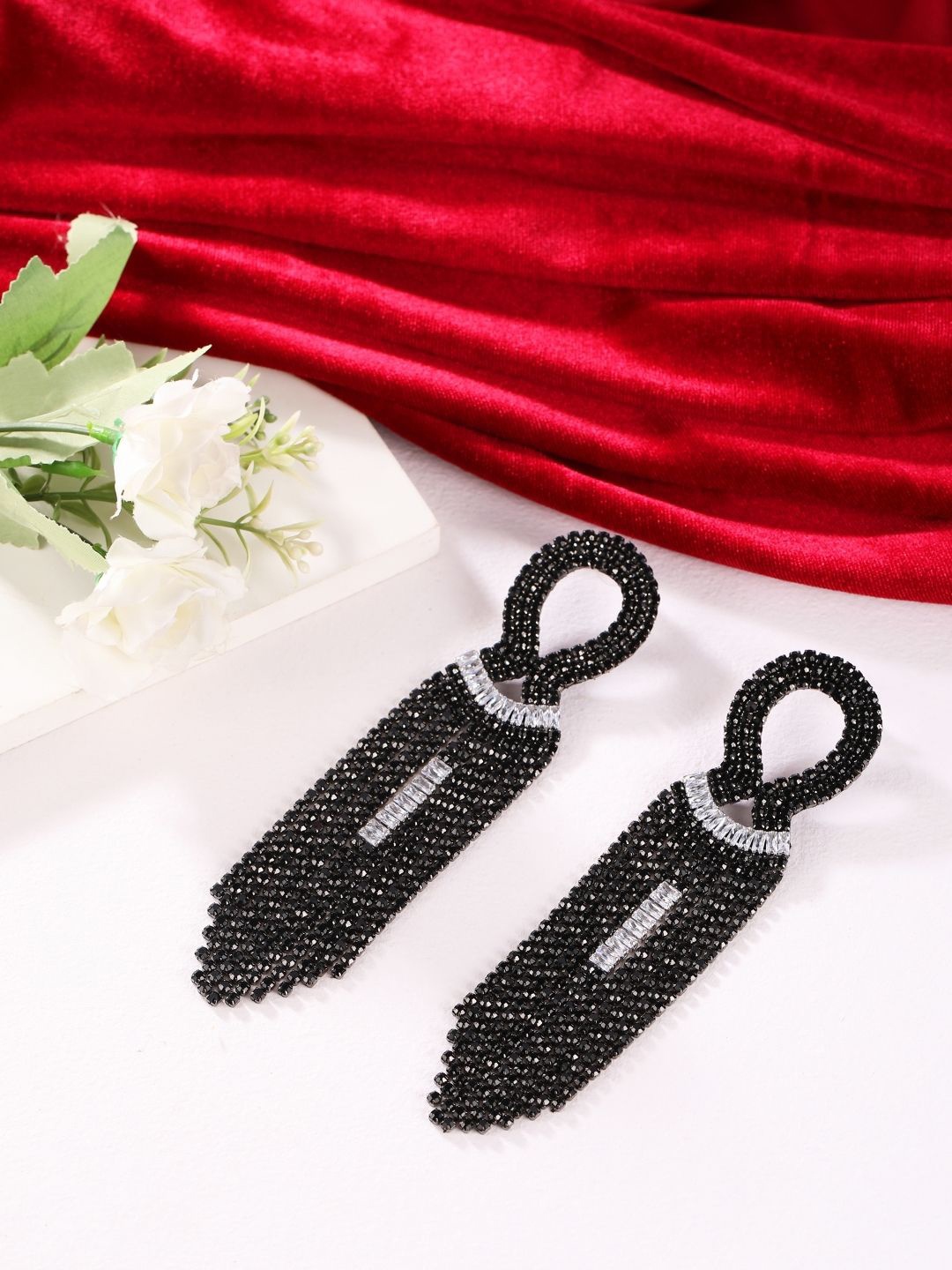 

DressBerry Brass-Plated Rhinestone-Studded Contemporary Drop Earrings, Black