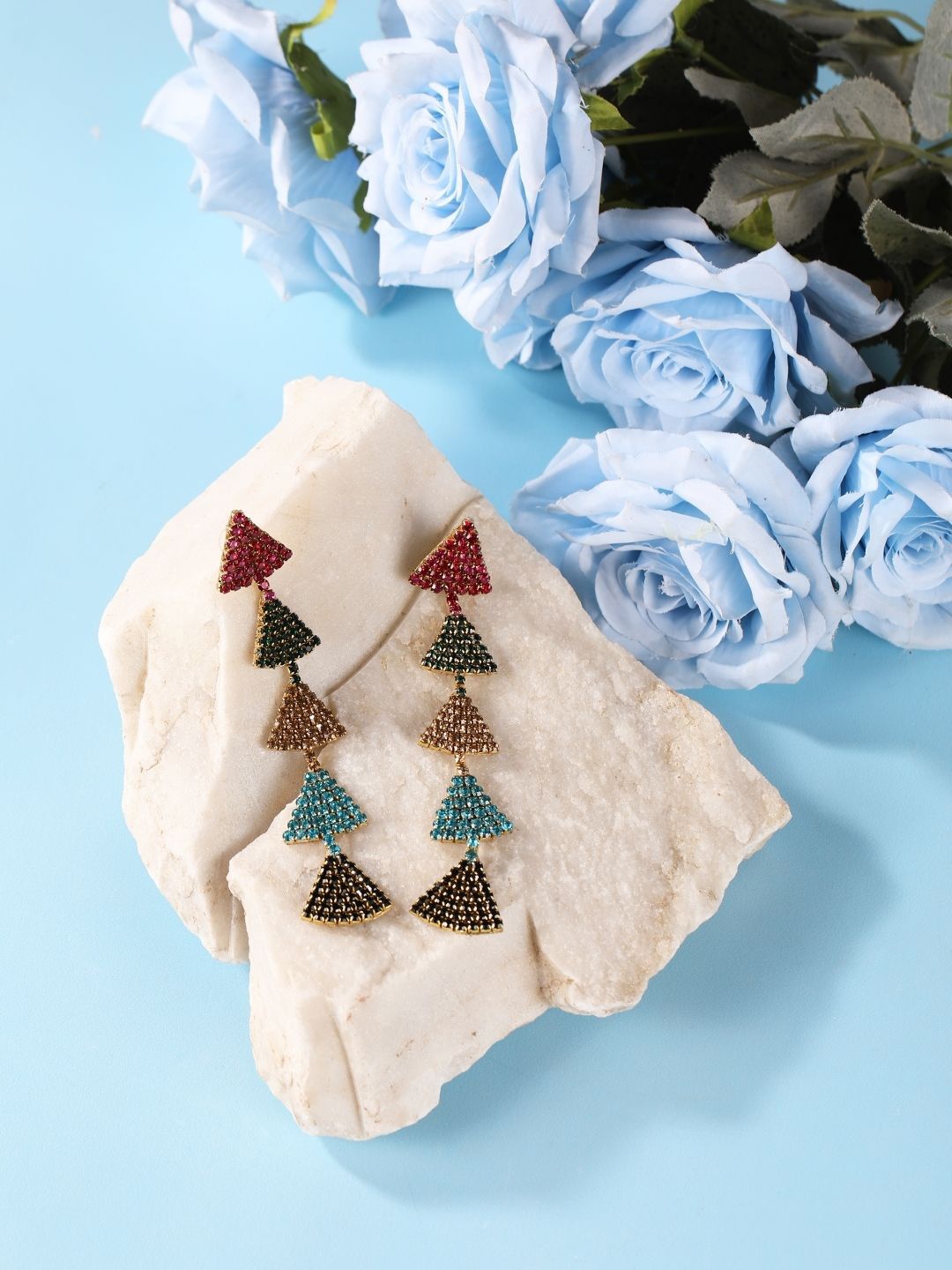 

DressBerry Gold-Plated Rhinestone Studded Triangular Drop Earrings