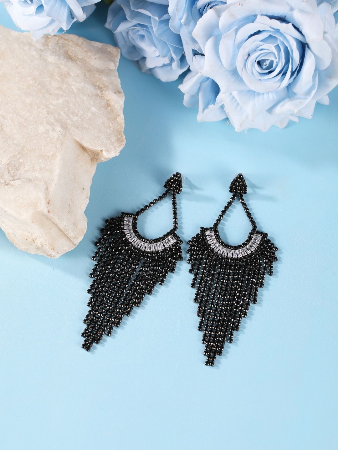 

DressBerry Brass-Plated Rhinestone-Studded Contemporary Drop Earrings, Black