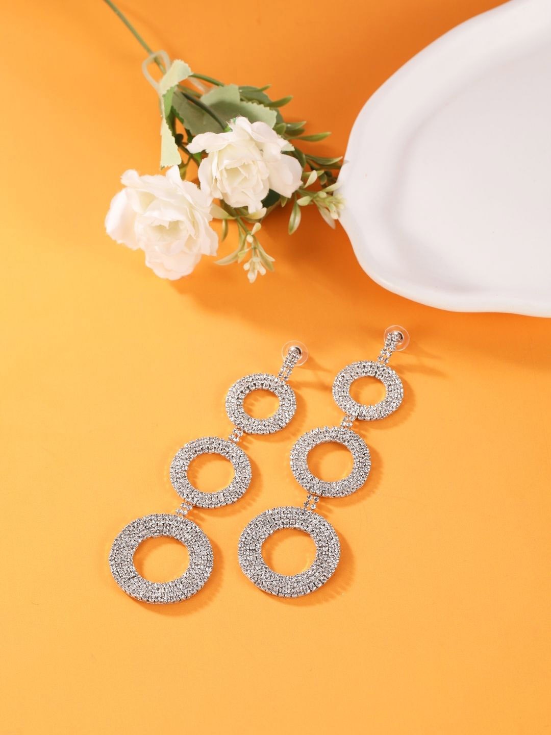 

DressBerry Silver-Plated Rhinestone Studded Circular Drop Earrings