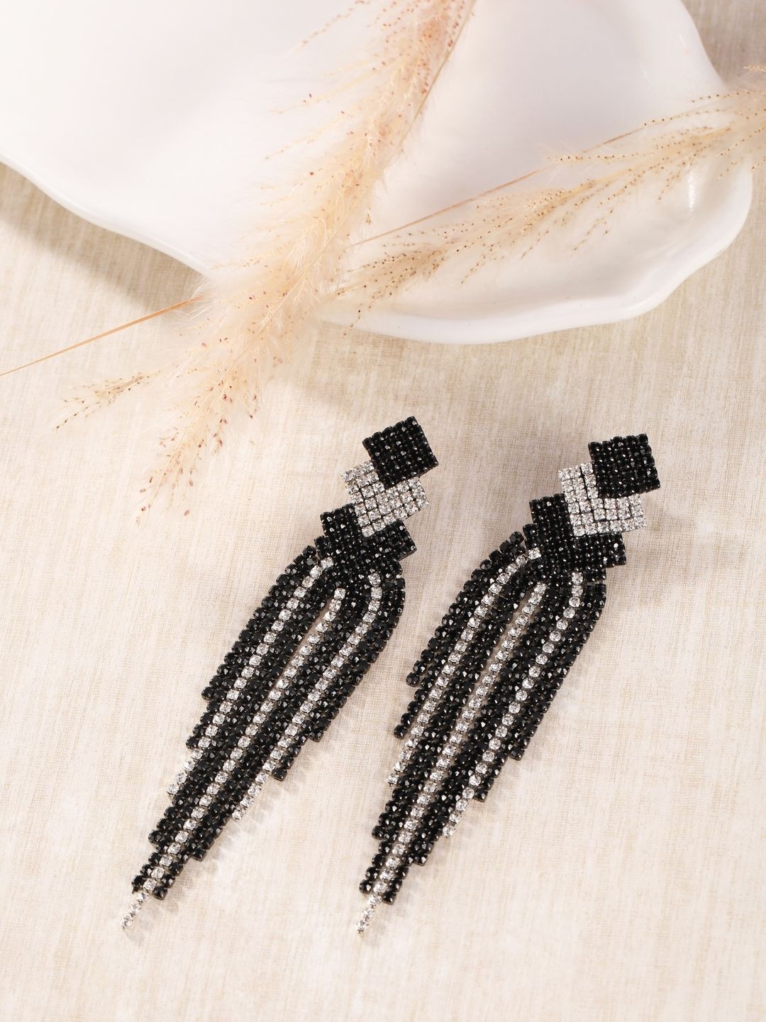

DressBerry Brass-Plated Rhinestone-Studded Contemporary Drop Earrings, Black