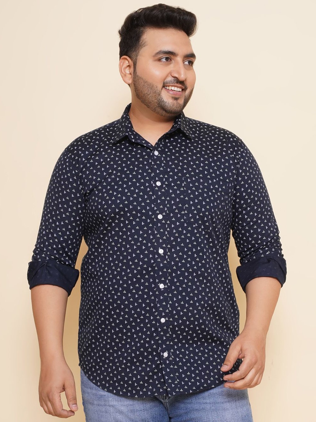 

John Pride Men Spread Collar Printed Plus Size Pure Cotton Casual Shirt, Navy blue