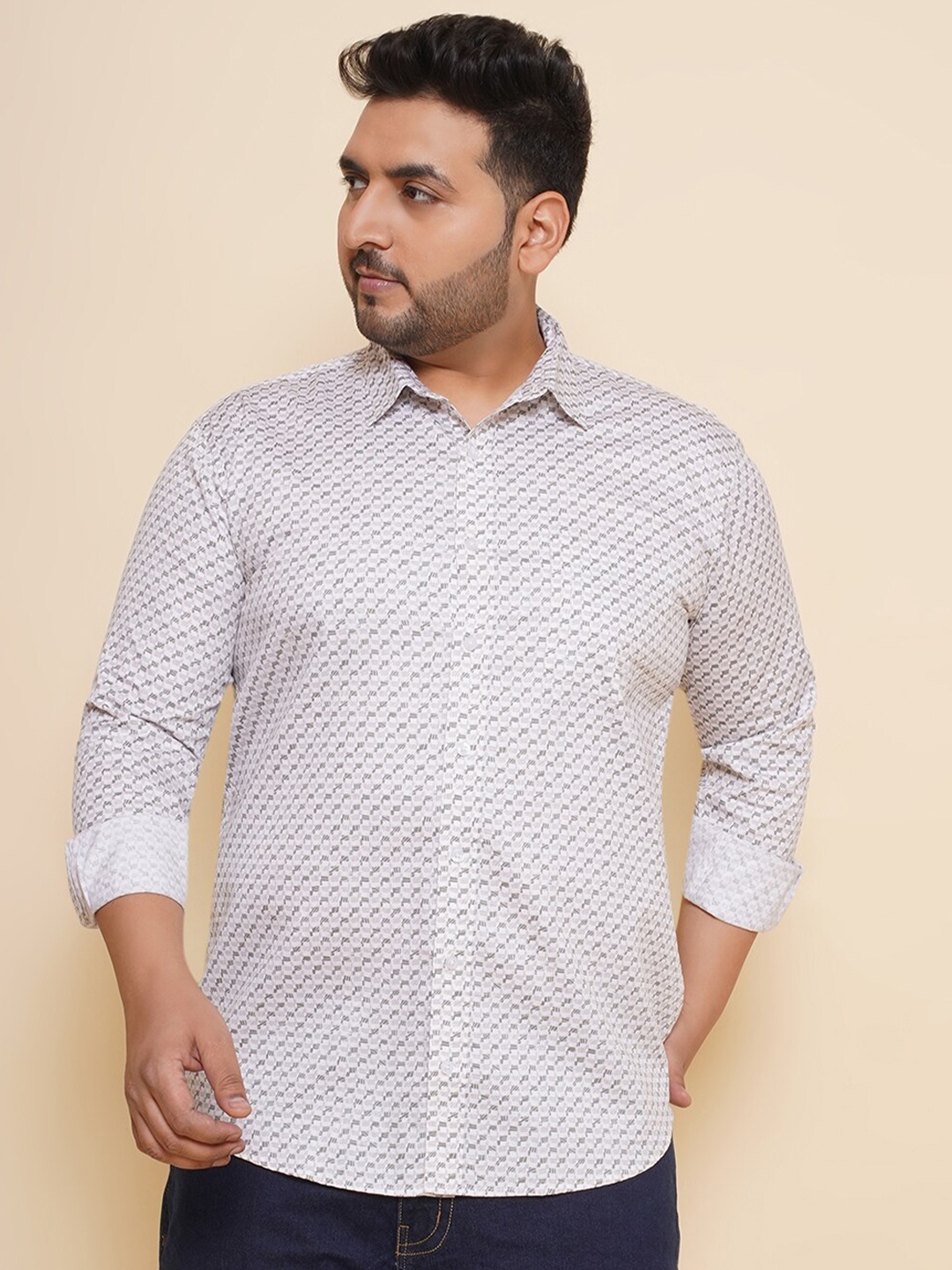 

John Pride Men Spread Collar Printed Plus Size Pure Cotton Casual Shirt, Grey