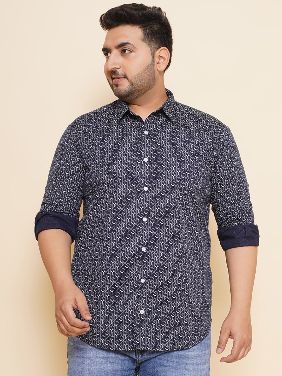

John Pride Men Spread Collar Printed Plus Size Pure Cotton Casual Shirt, Navy blue