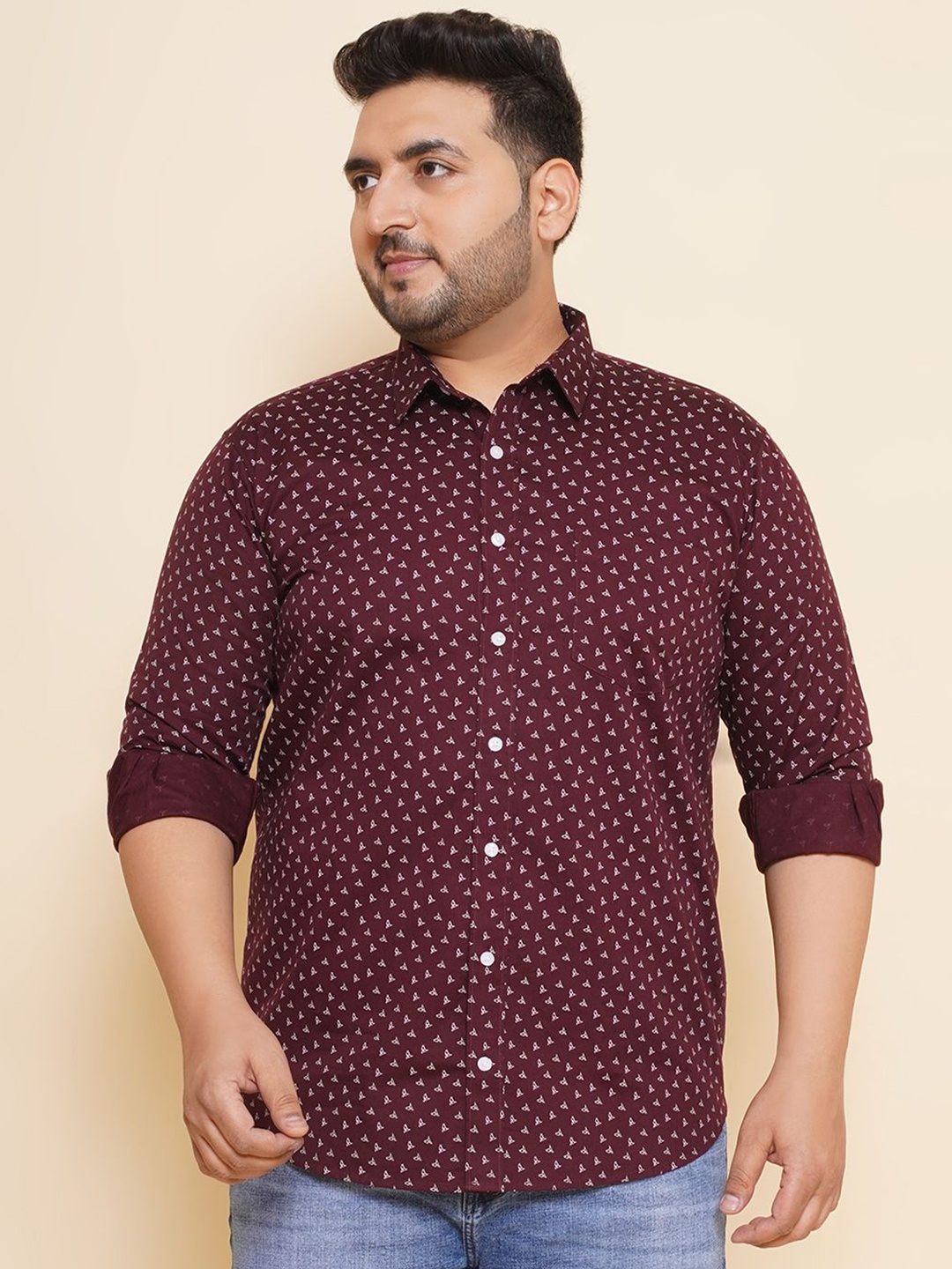 

John Pride Men Spread Collar Printed Plus Size Pure Cotton Casual Shirt, Maroon