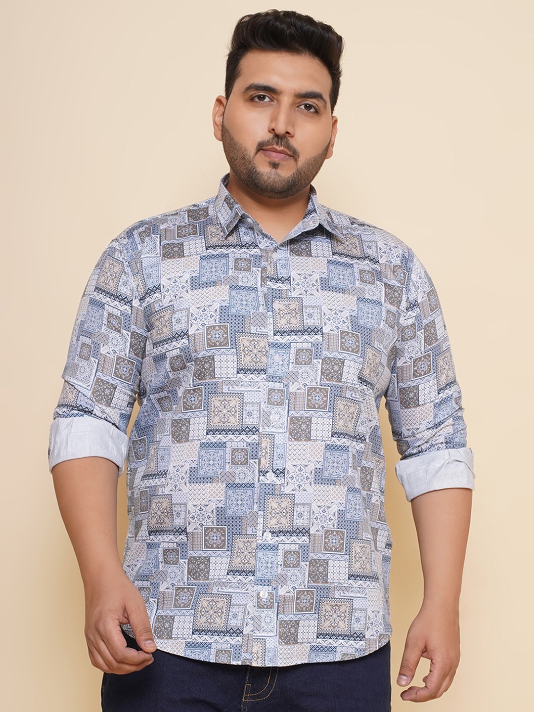 

John Pride Men Spread Collar Printed Plus Size Pure Cotton Casual Shirt, Blue