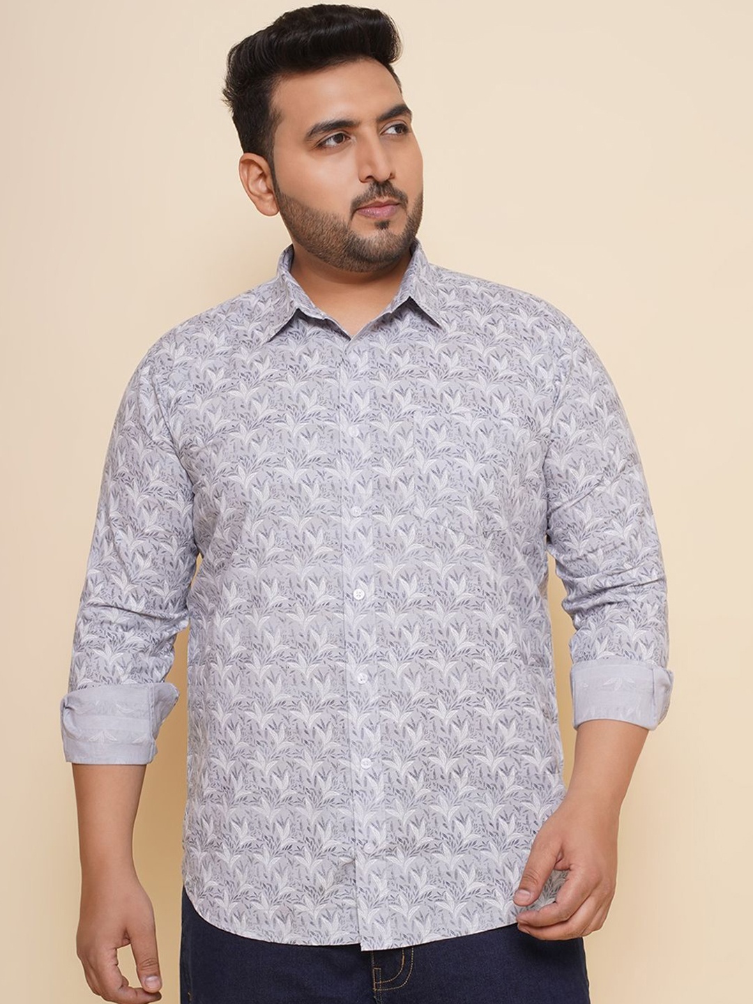 

John Pride Men Spread Collar Printed Plus Size Pure Cotton Casual Shirt, Grey