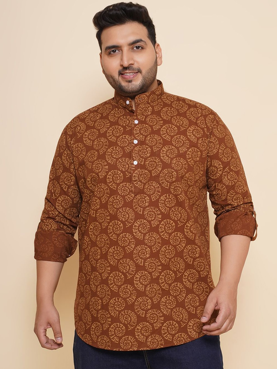 

John Pride Men Ethnic Motifs Printed Plus Size Pure Cotton Casual Shirt, Brown