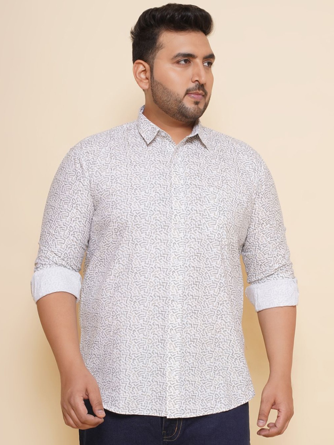 

John Pride Men Spread Collar Printed Plus Size Pure Cotton Casual Shirt, Cream