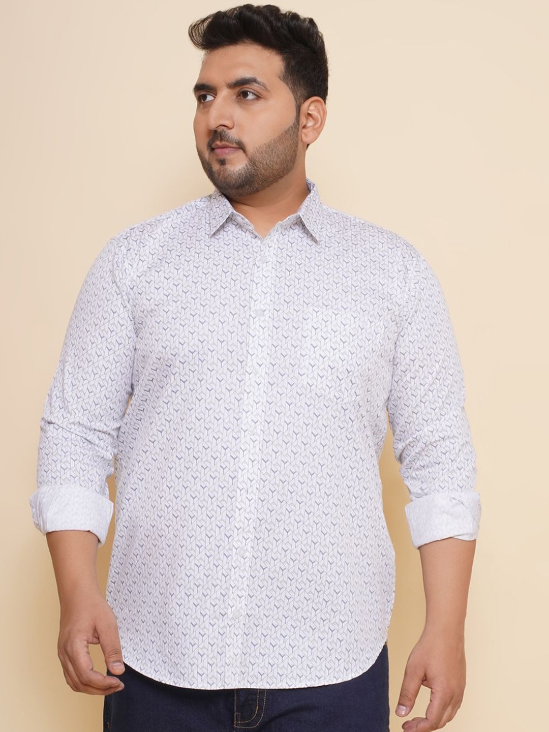 

John Pride Men Spread Collar Printed Plus Size Pure Cotton Casual Shirt, White