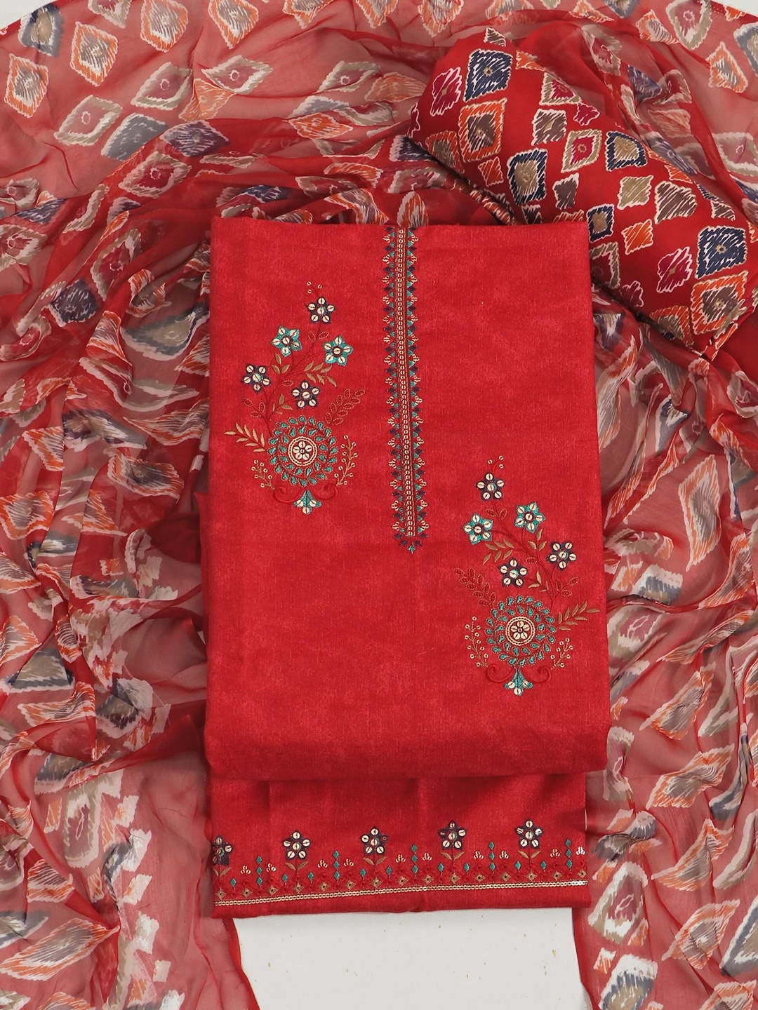 

KALINI Floral Embroidered Sequinned Unstitched Dress Material, Red
