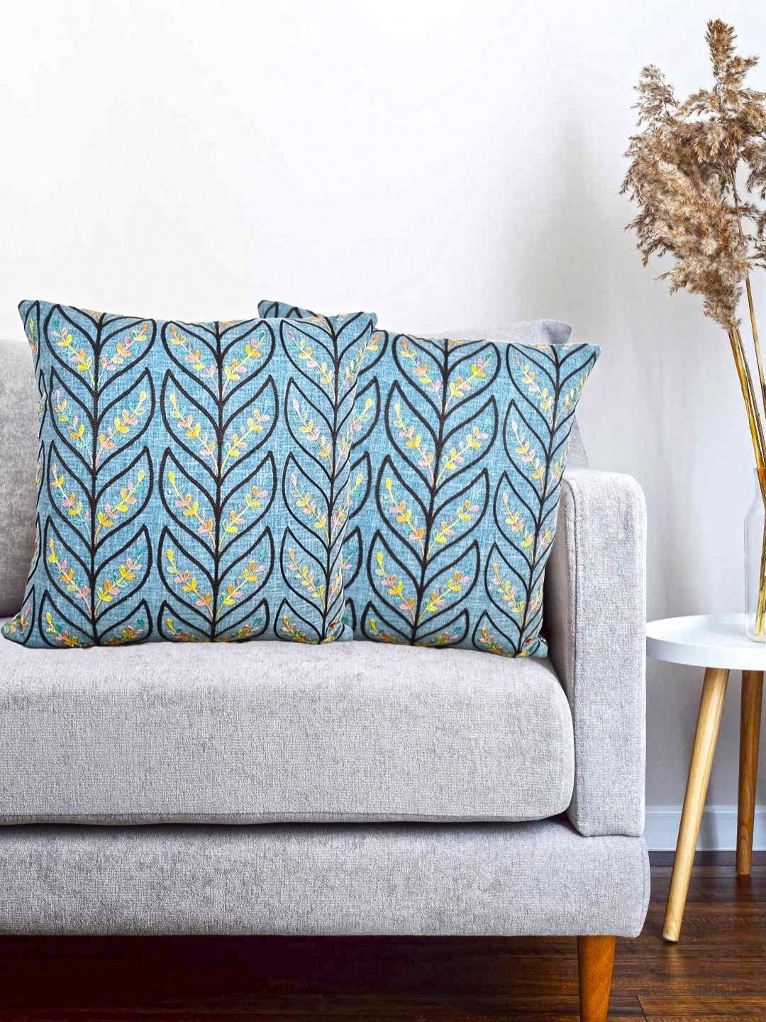 

Vinayaka Fab Turquoise Blue & Black 2 Pieces Embroidered Linen Square Cushion Covers