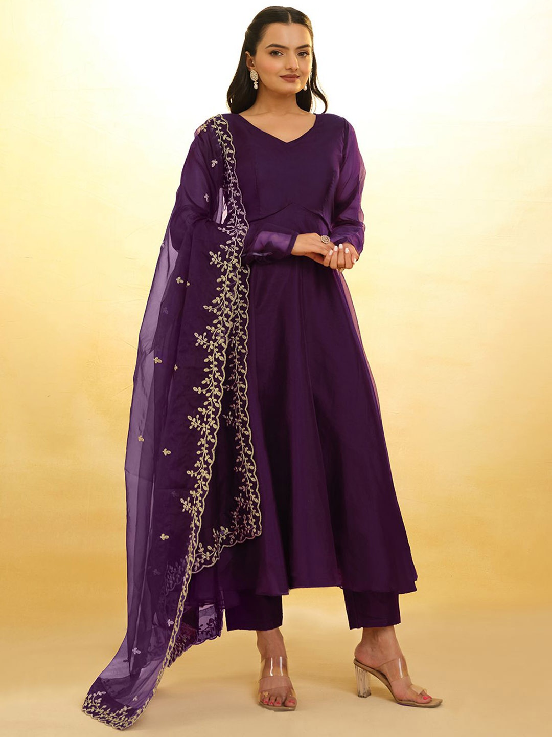 

ODETTE Organza Pleated Anarkali Kurta With Trouser & Dupatta, Purple