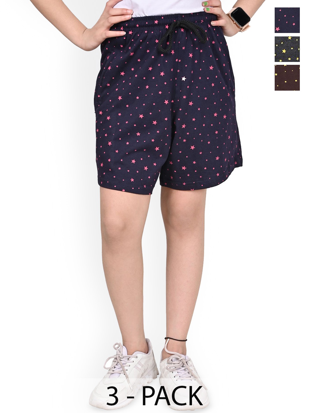 

BAESD Girls Pack Of 3 Printed Cotton High-Rise Shorts, Navy blue