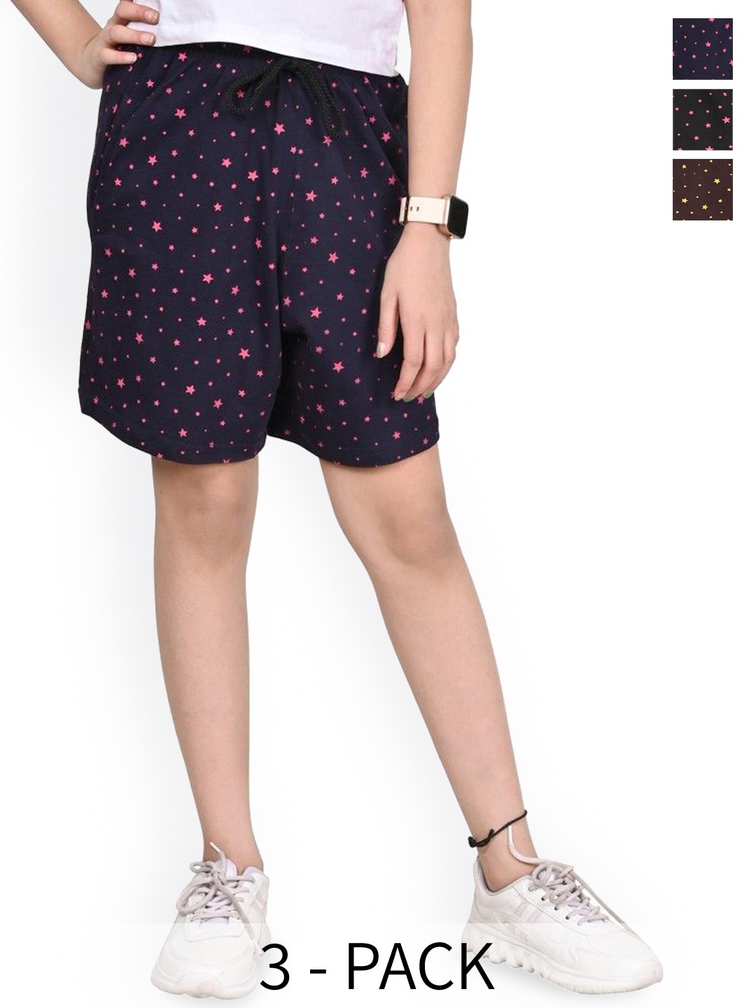 

BAESD Girls Pack Of 3 Printed Cotton High-Rise Shorts, Navy blue