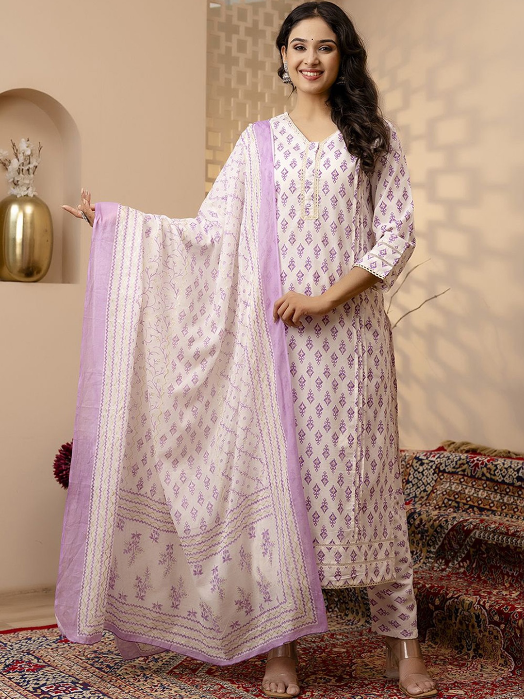 

Nayo Floral Printed Pure Cotton Straight Kurta With Trouser & Dupatta, White