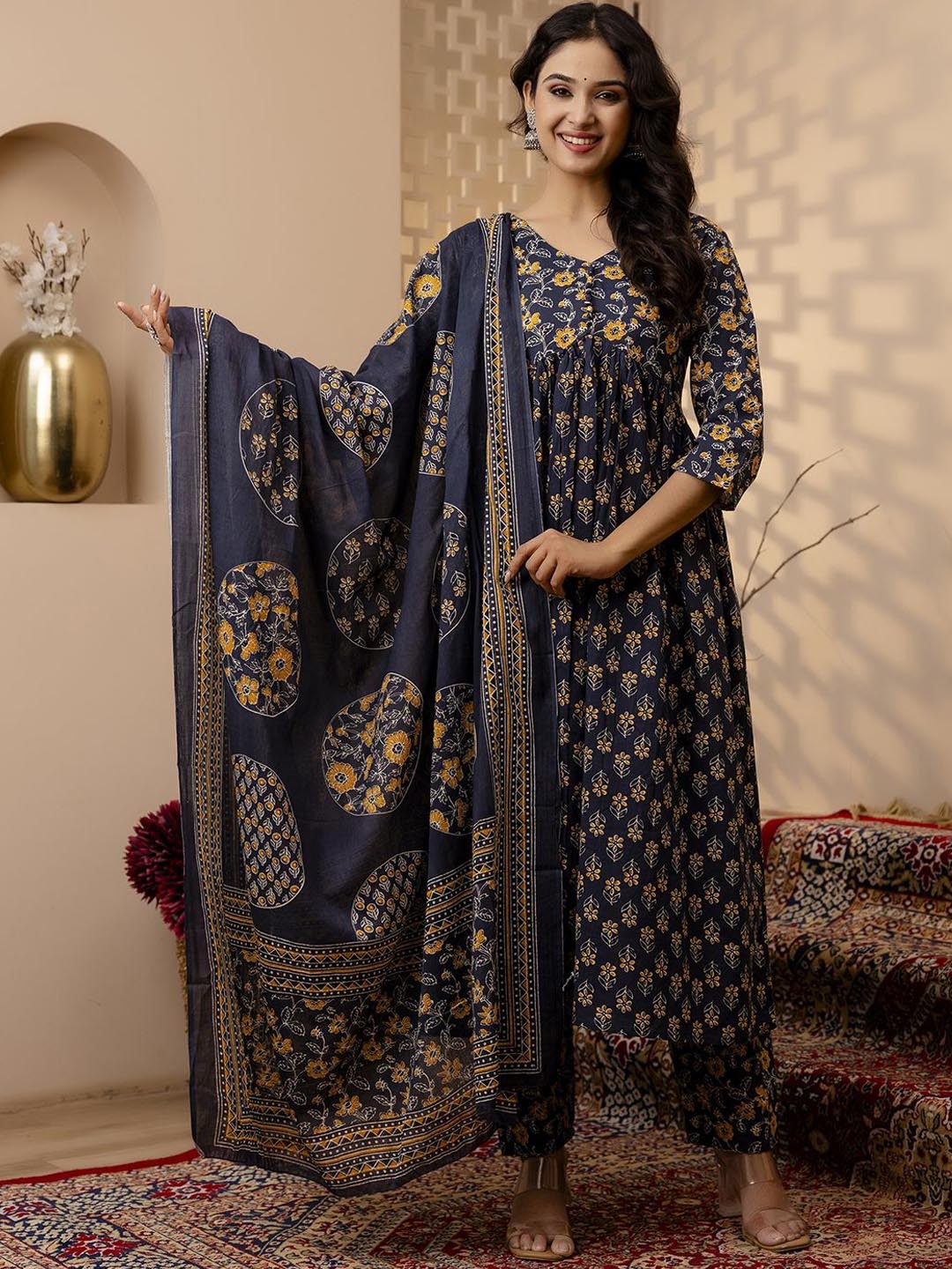 

Nayo Floral Printed Pure Cotton Anarkali Kurta With Trouser & Dupatta, Grey