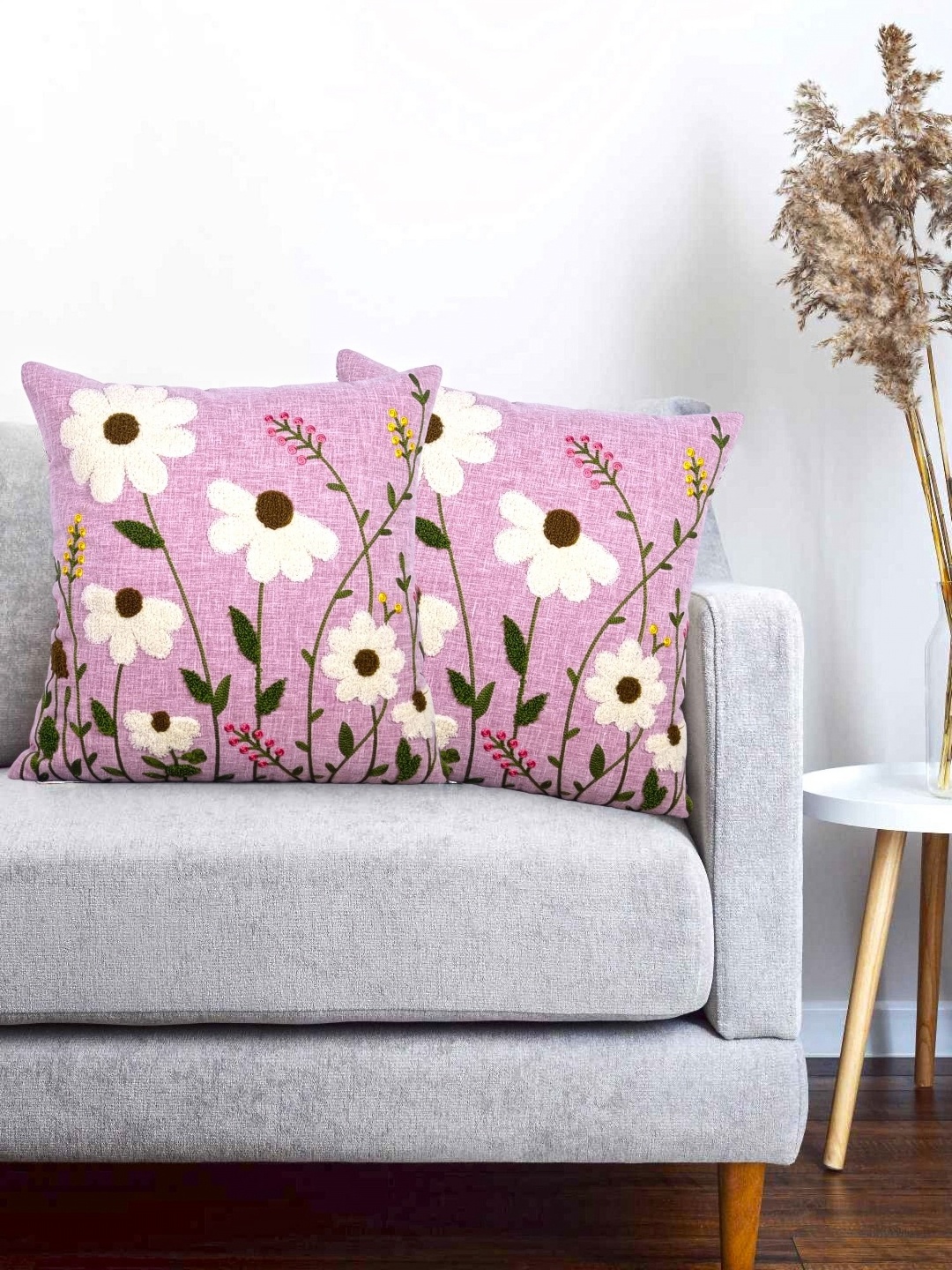 

Vinayaka Fab Pink & White 2 Pieces Floral Embroidered Linen Square Cushion Covers