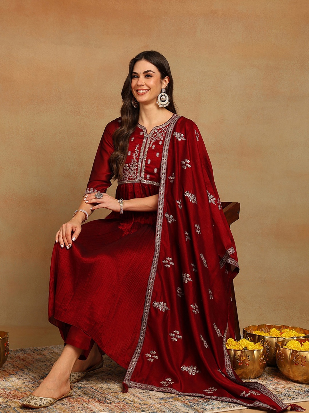 

AHIKA Maroon & Silver Ethinic Motifs Embroidered Anarkali Kurta with Trousers & Dupatta