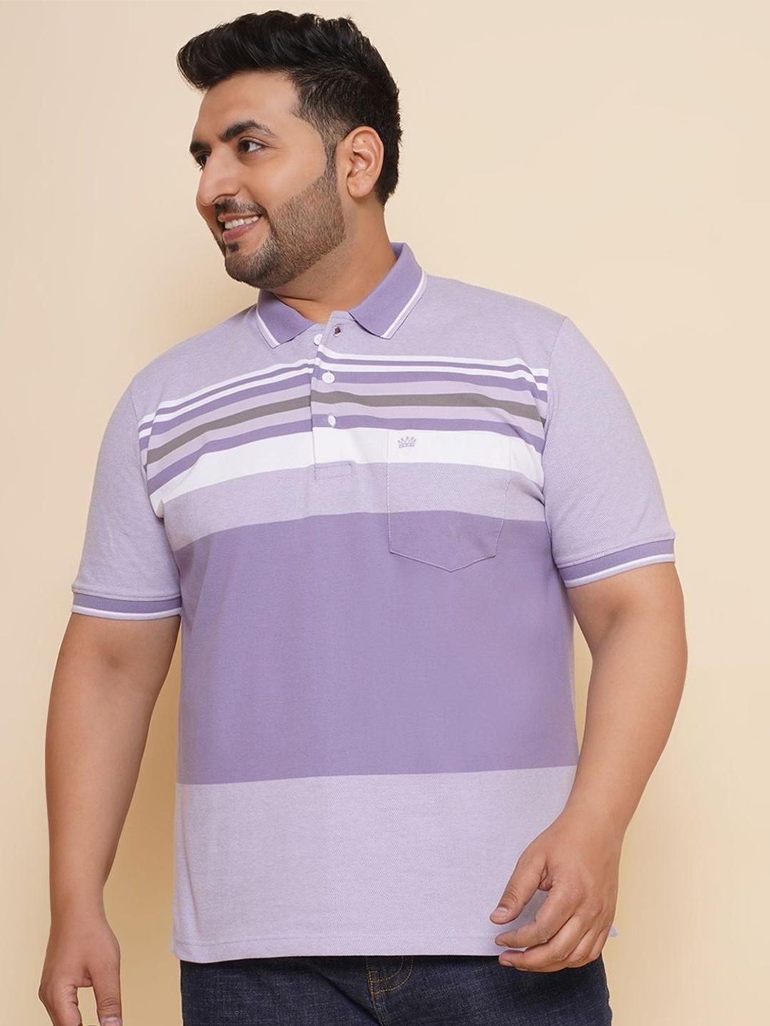 

John Pride Men Plus Size Striped Polo Collar Pocket T-shirt, Lavender