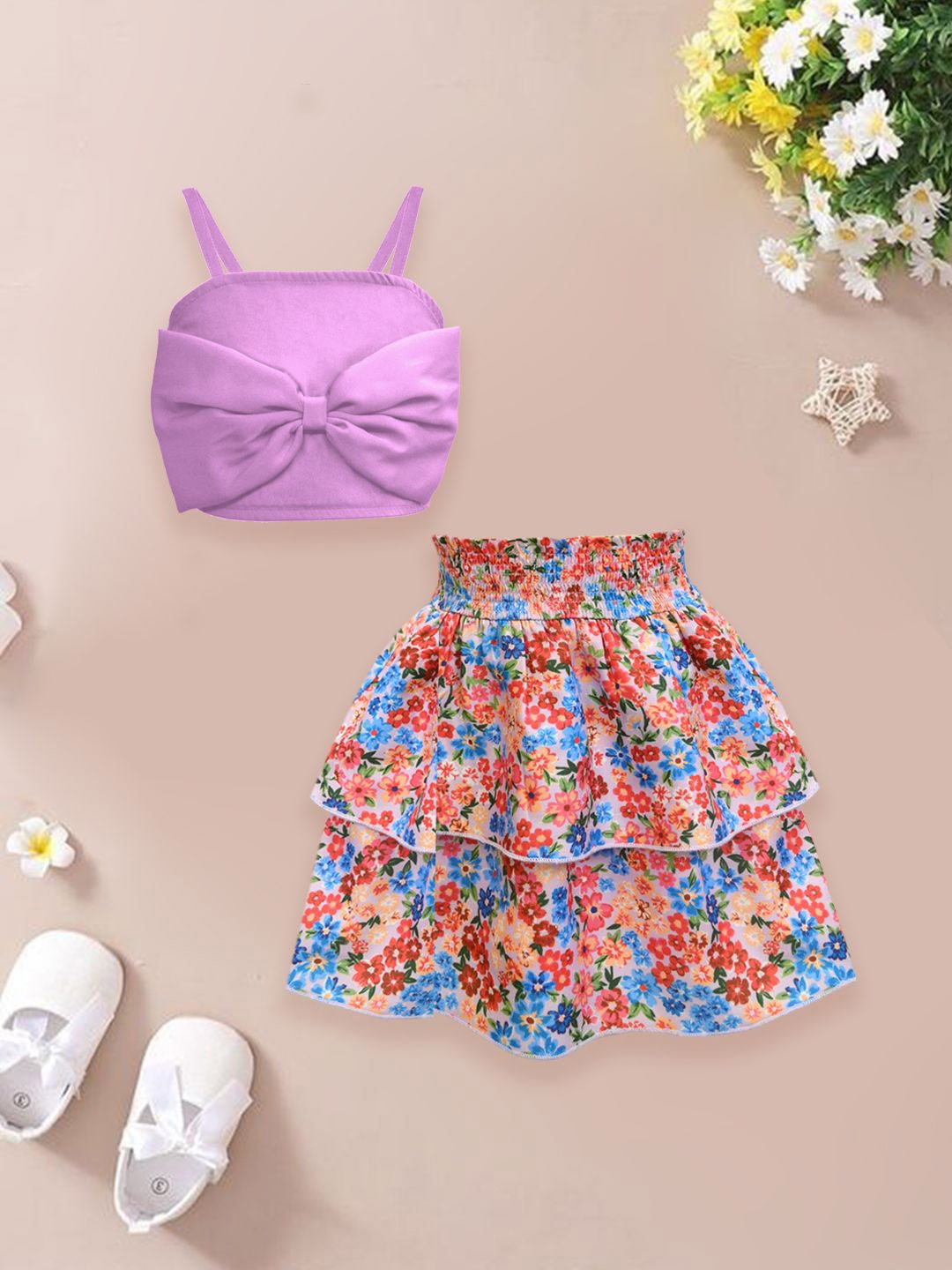 

A.T.U.N. Girls Floral Printed Shoulder Straps Smocked Top With Skirt, Mauve