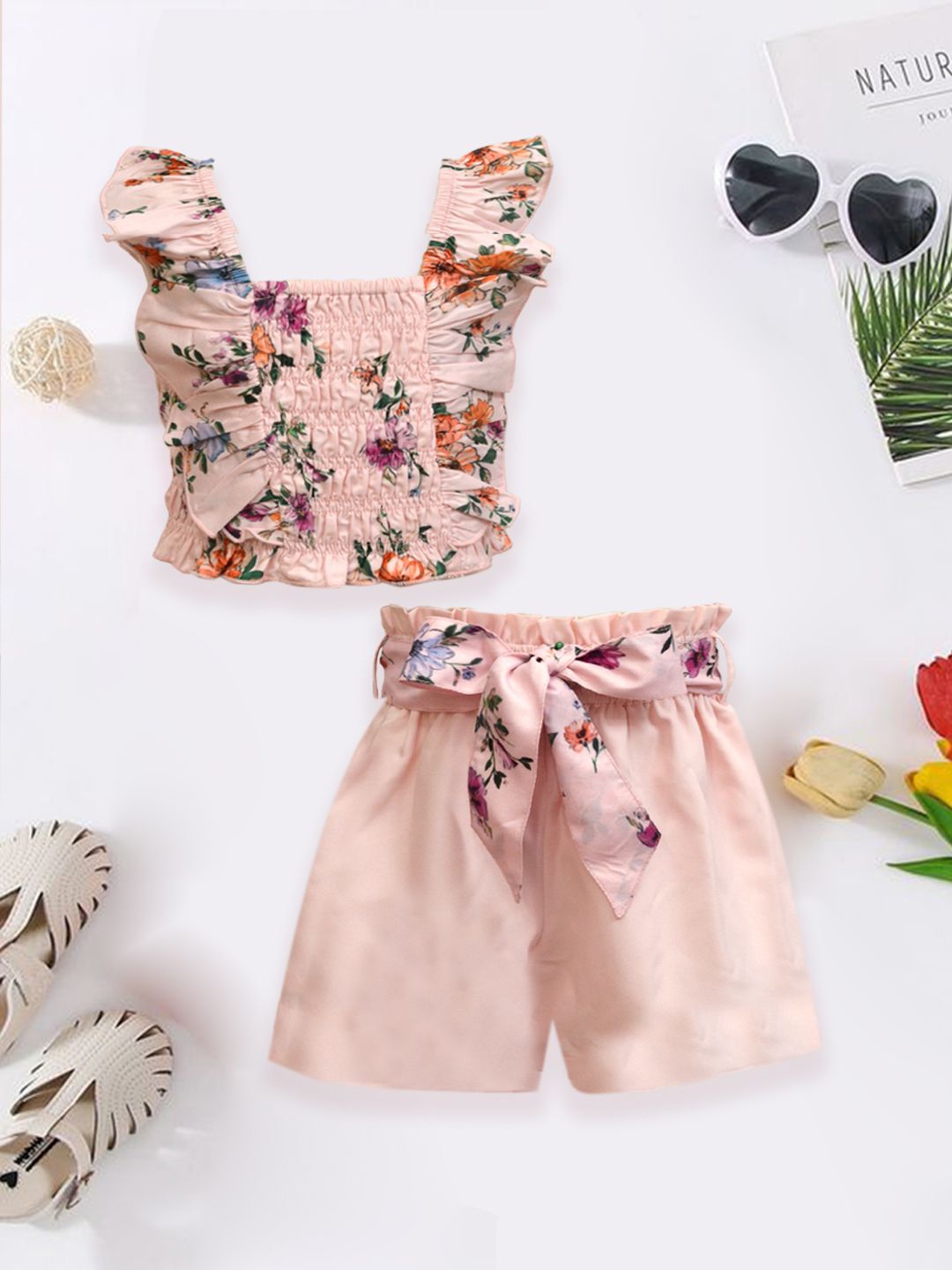 

A.T.U.N. Girls Floral Printed Square Neck Ruffle Top With Shorts, Pink