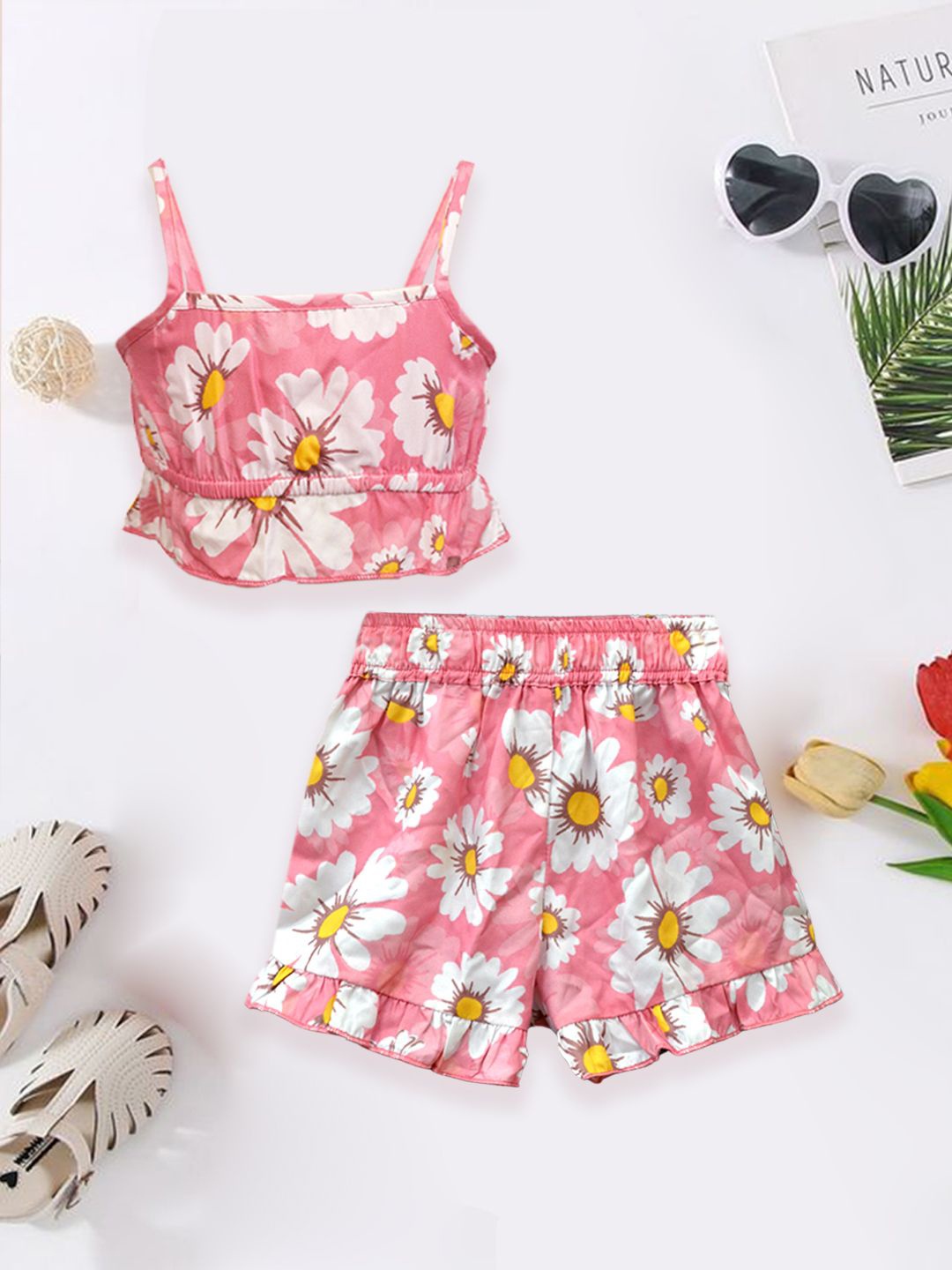 

A.T.U.N. Girls Floral Printed Shoulder Straps Top With Shorts, Peach