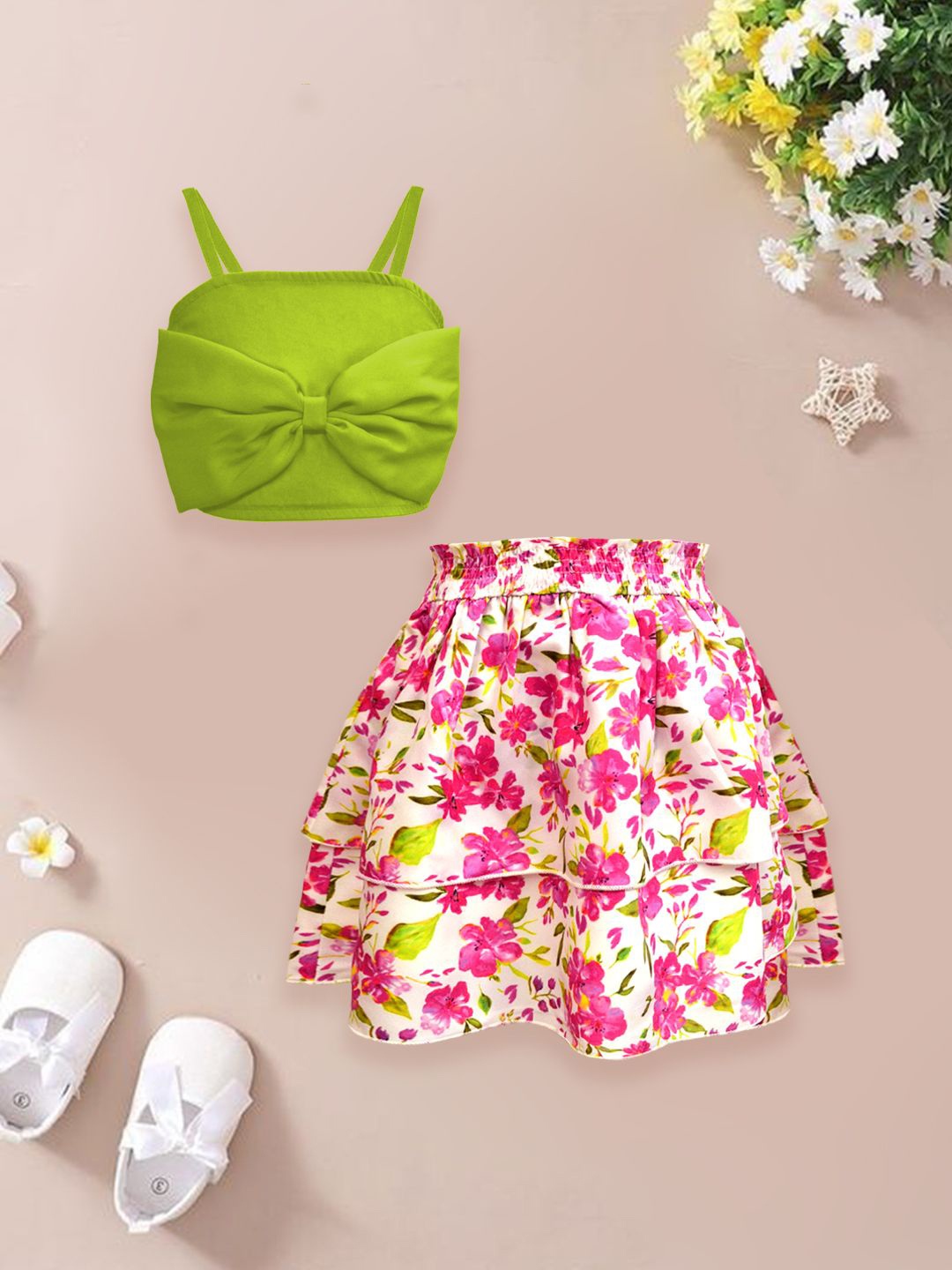 

A.T.U.N. Girls Floral Printed Shoulder Straps Smocked Top With Skirt, Lime green