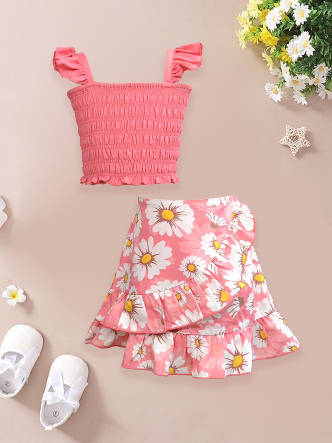 

A.T.U.N. Girls Floral Printed Square Neck Top With Wrap Skirt, Peach