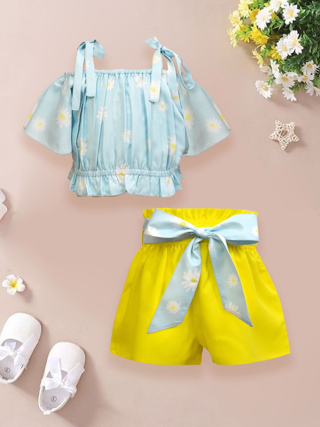 

A.T.U.N. Girls Floral Printed Shoulder Straps Flutter Sleeves Top With Shorts, Blue
