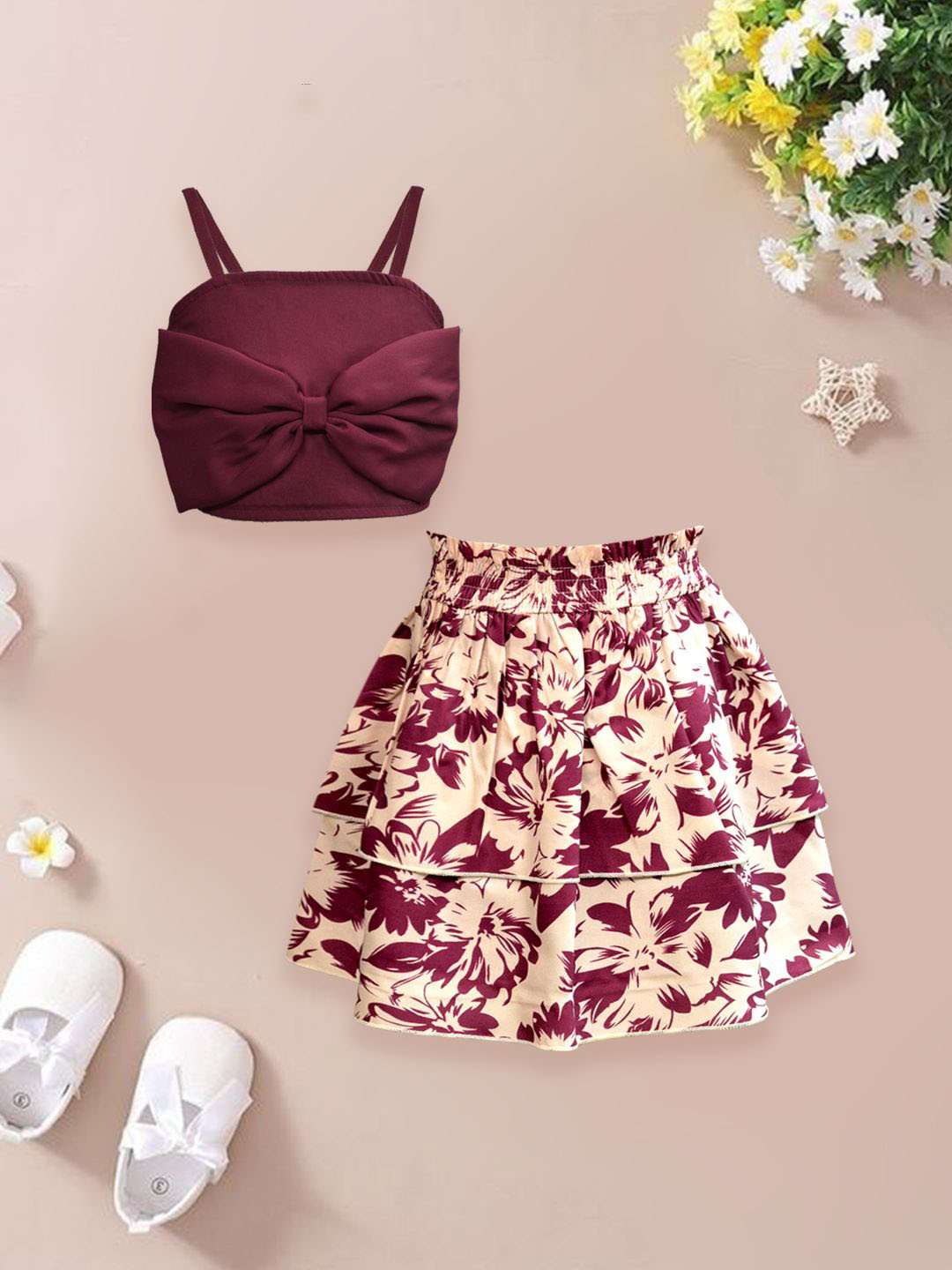 

A.T.U.N. Girls Printed Top With Skirt Set, Burgundy