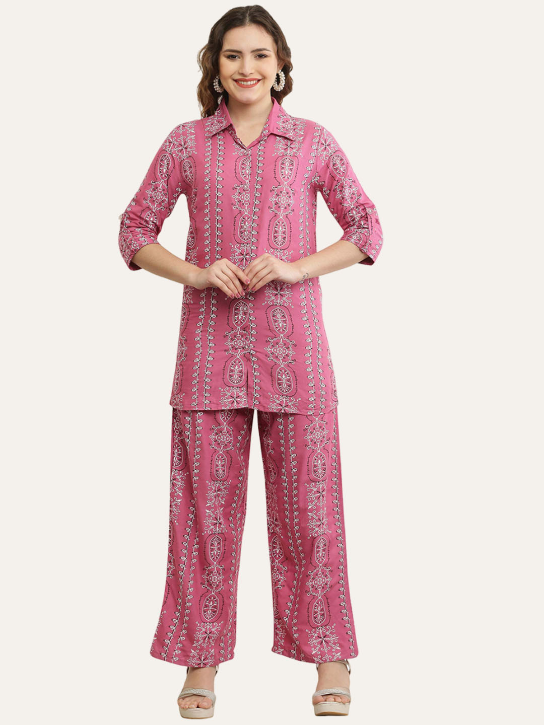 

Vastrasky Global Printed Shirt With Palazzos, Pink