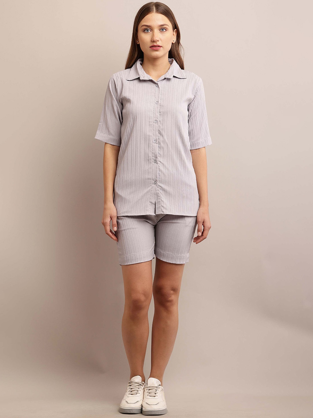

Vastrasky Global Striped Pure Cotton Shirt With Shorts, Beige