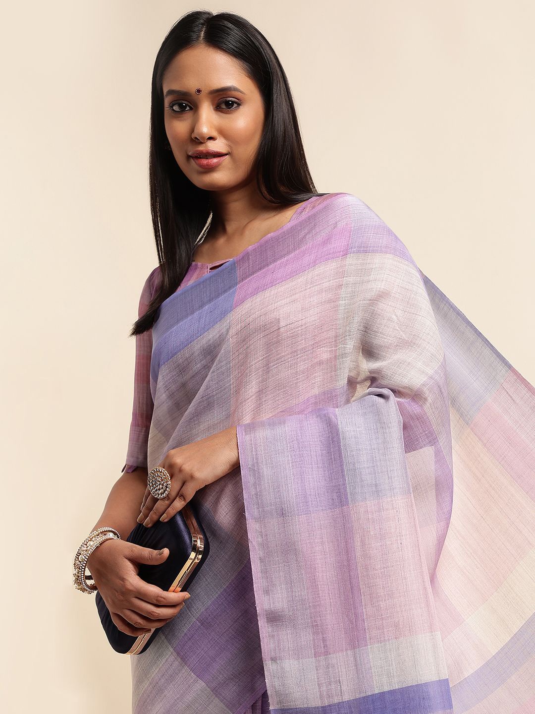 

DOI MOI Striped Zari Pure Linen Chettinad Saree, Purple