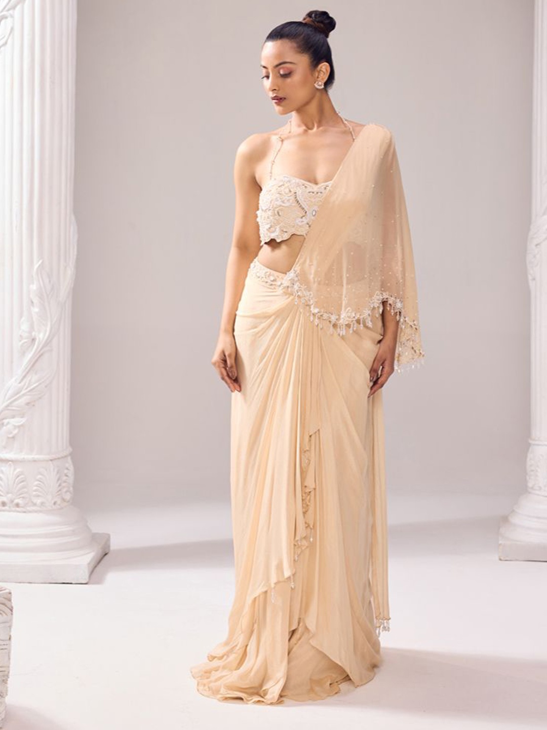 

Jade by Ashima Beads and Stones Pure Crepe Saree, Beige