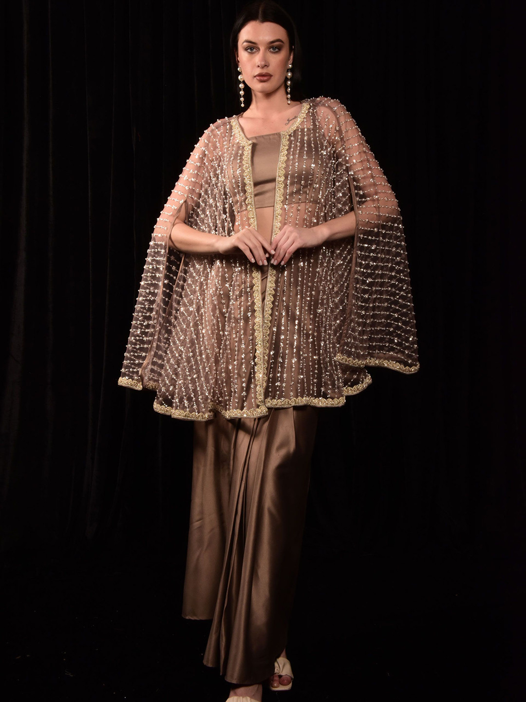 

Laalzari Shoulder Straps Crop Top With Skirt & Embellished Cape, Brown