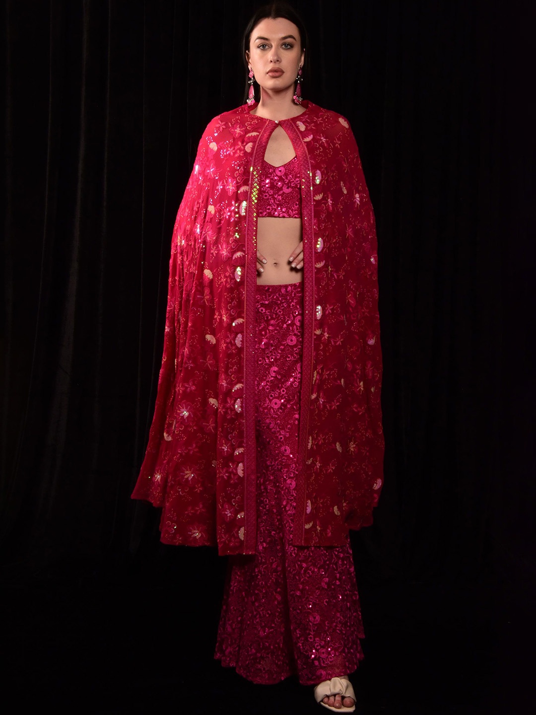 

Laalzari Floral Embroidered Shoulder Straps Crop Top With Skirt & Cape, Pink